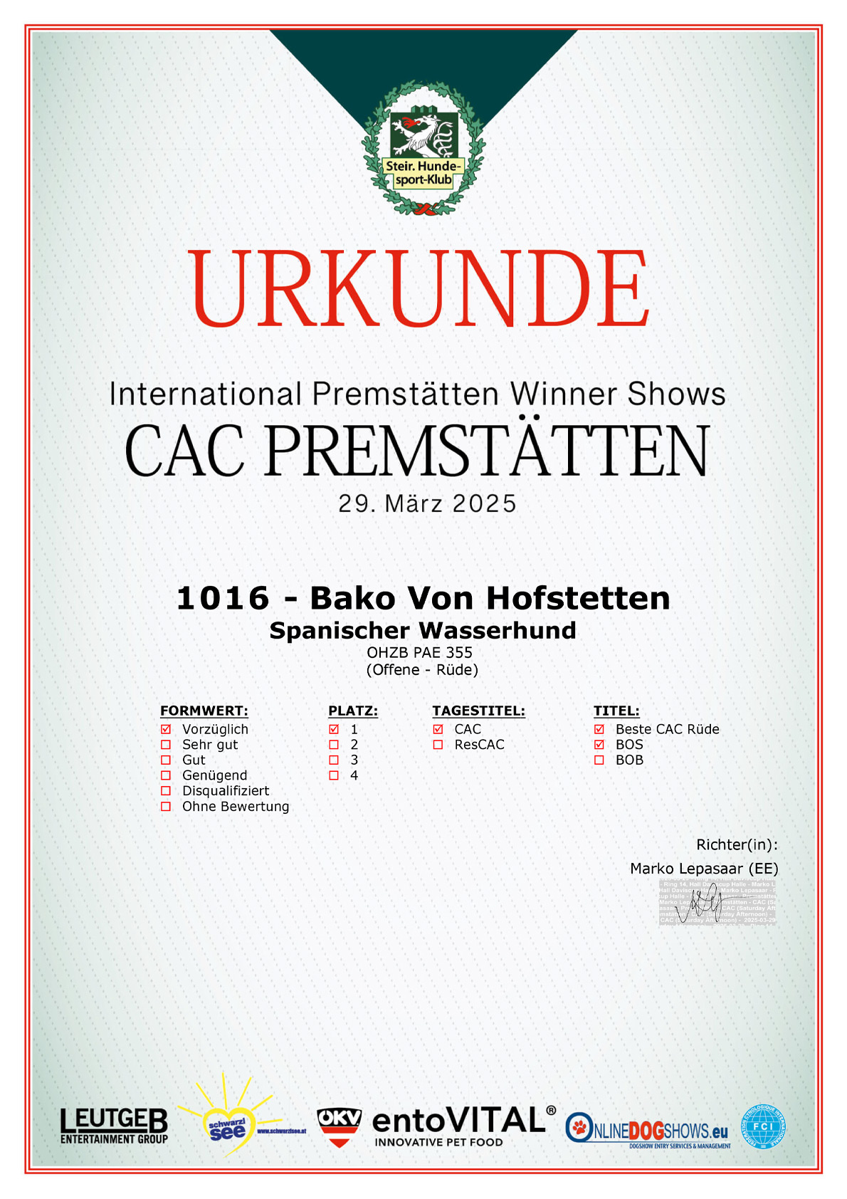 Spansicher-Wasserhund-Bako-Styrian-Winner-2025-Urkunde-CAC Hundeausstellung-CACIB-KZS-Winner-Show-2