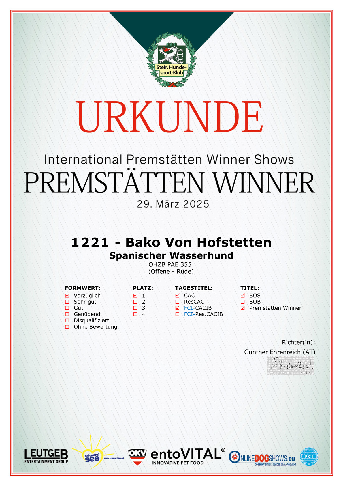 Spansicher-Wasserhund-Bako-Styrian-Winner-2025-Urkunde Hundeausstellung-CACIB-KZS-Winner-Show-2