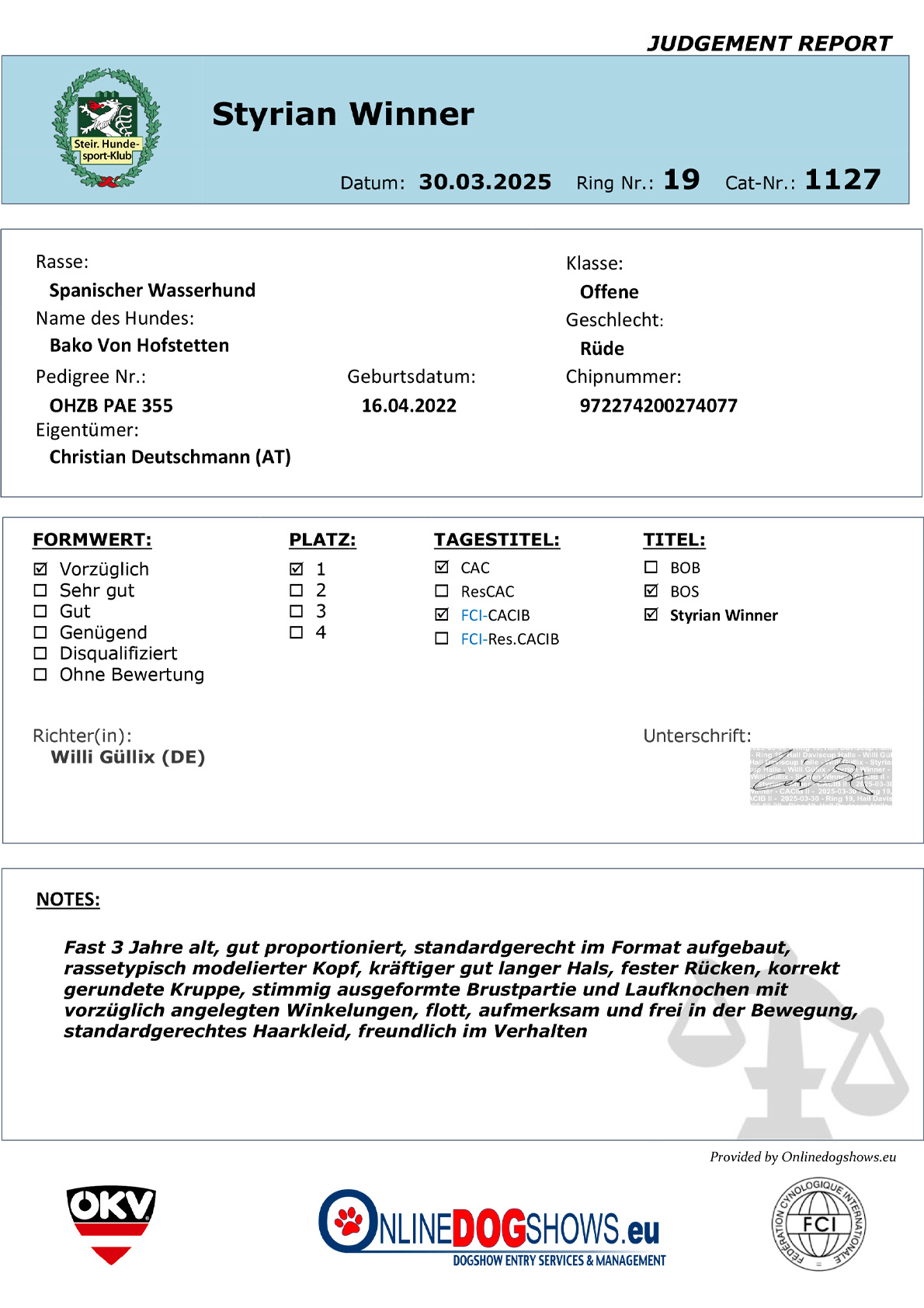 Spansicher-Wasserhund-Bako-Styrian-Winner-2025-Urteilsbericht Hundeausstellung-CACIB-KZS-Winner-Show-2